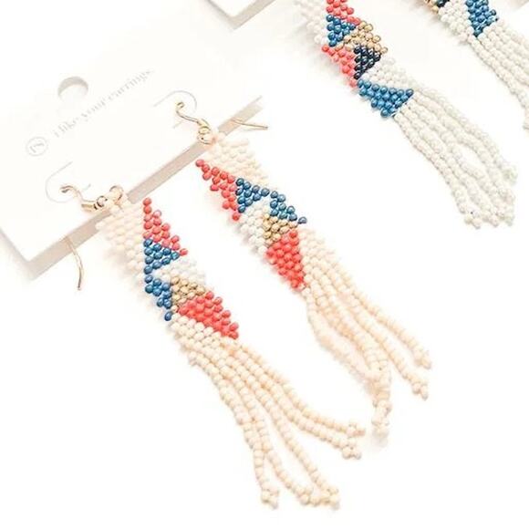 Fringe Color Block Beaded Boho Earrings Tan Blue Red - Picture 2 of 3